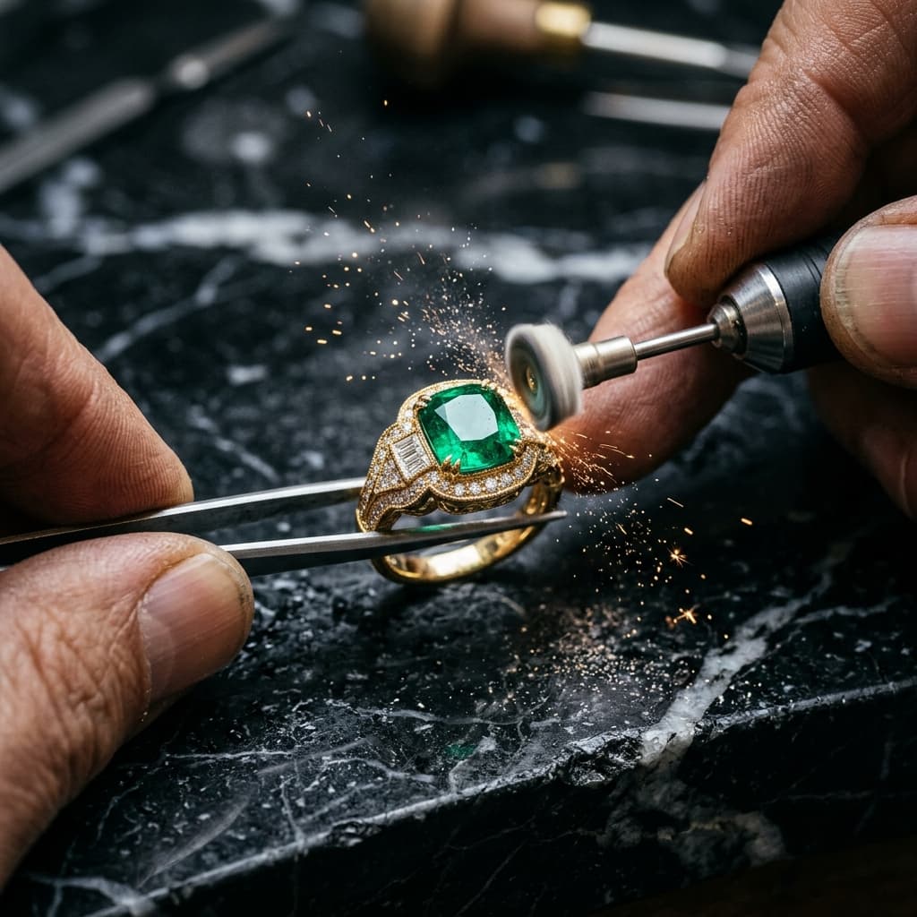 Macro precision hand-chased sterling silver detail in atelier